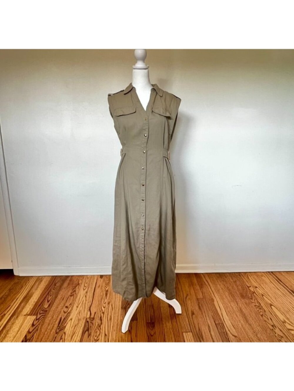 Zara Linen Shirt Dress XS Khaki Olive Euro Summer Safari Button Front Belted - Picture 5 of 16
